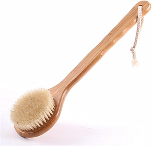 12.6" Long Handle Dry Bath Body Brush Back Scrubber, Bamboo Handle Bath Shower Brush Scrubber with Natural Boar Bristles, Good for Detox, Exfoliating, Cellulite, Blood Circulation, etc.
