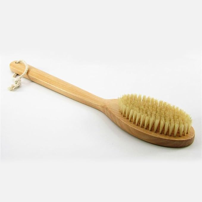 16” Extra Long Handle Dry Bath Body Brush Back Scrubber, Wood Handle Natural Bristles Bath & Shower Brush, Good for Detox, Exfoliating, Blood Circulation, etc. (Horsehair Bristles)