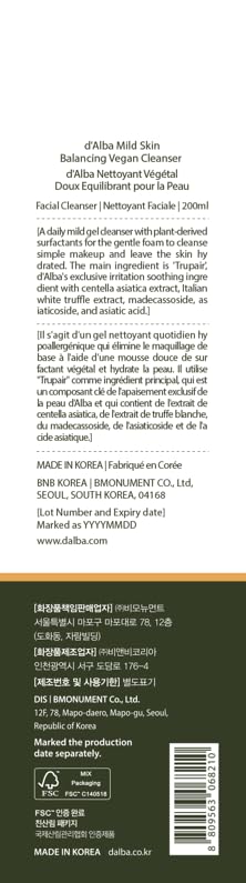 d'alba Piedmont Italian White Truffle Mild Skin Balancing Vegan Cleanser, Hydrating and Calming, Mild pH Cleanser with White Truffles for Sensitive Skin, Non-Tightening Gentle Formula