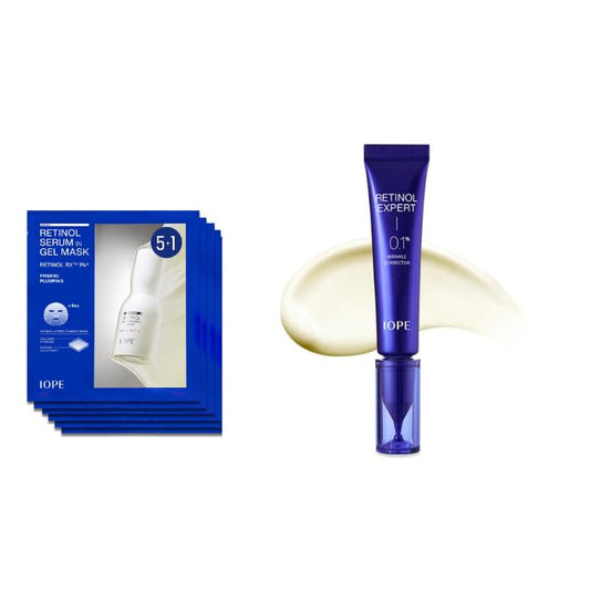 IOPE Retinol Expert 0.1% Anti-Aging Serum, Gel Mask 6 Sheets Set, Daily Self Care Essential Kits, Korean Skincare Glow