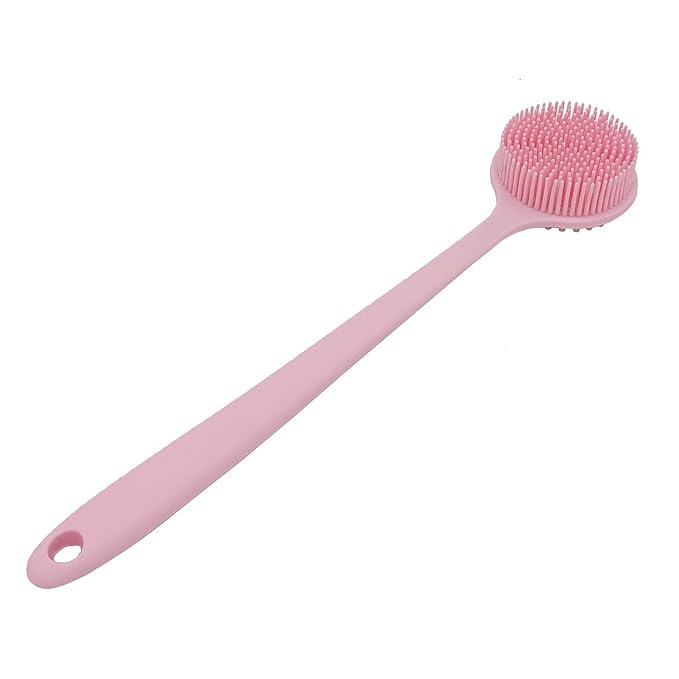 DNC Silicone Back Scrubber for Shower, Soft Bath Body Brush with Long Handle (Pink)