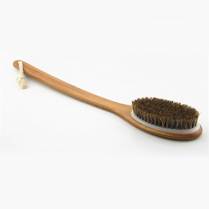 18” Extra Long Handle Dry Bath Body Brush Back Scrubber, Bent Bamboo Handle Bath & Shower Brush with Soft Dense Horsehair Mane Natural Bristles. (Brown)