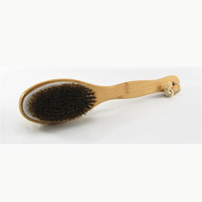 Bamboo Handle Dry Body Brush with Soft Natural Horsehair Bristles & Solid Wood Massage Nodes, Dual-Sided Long Handle Bath Shower Brush Back Scrubber. (15.7" White)