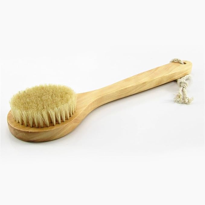 11.8“ Long Handle Dry Bath Body Brush Back Scrubber, Wooden Handle Shower Brush with Natural Boar Bristles, Good for Exfoliating, Cellulite, Detox, Blood Circulation, etc.