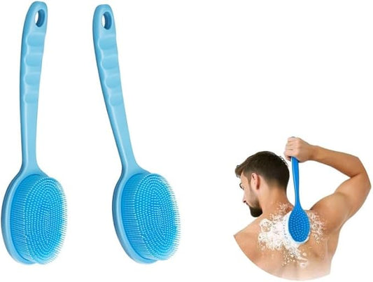 14.5inch Silicone Back Scrubber for Shower 2pcs（Blue）,Exfoliating Shower Brush,Double Sided for Exfoliating and Massage，Long Handle Back Scrubber for Men and Women. Includes 2 Hooks (2 Brushes)