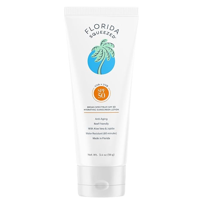 Florida Squeezed SPF 50 Hydrating Sunscreen Lotion | 3.4 oz | Ultra-Hydrating, Non-Greasy Face and Body Lotion. Hawaii 104 Reef Act Compliant (Octinoxate & Oxybenzone Free)