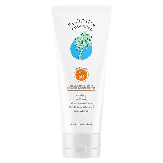 Florida Squeezed SPF 50 Hydrating Sunscreen Lotion | 3.4 oz | Ultra-Hydrating, Non-Greasy Face and Body Lotion. Hawaii 104 Reef Act Compliant (Octinoxate & Oxybenzone Free)