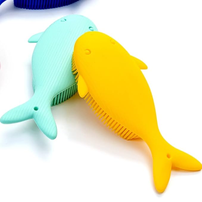 Premium Sensory Brush for Kids or Autism,Soft Silicone Body Scrubber,2 in 1 Sensory Room Occupational Therapy Fidget Brushes,Silicone Loofah,Pets Shower Brushes Bath Brush Shampoo Brush(Whale-Teal)