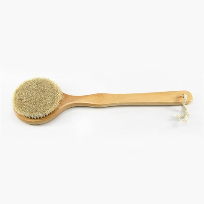 16” Extra Long Handle Dry Bath Body Brush Back Scrubber, Wood Handle Bath & Shower Brush with Soft Dense Horsehair Mane Natural Bristles. (White)