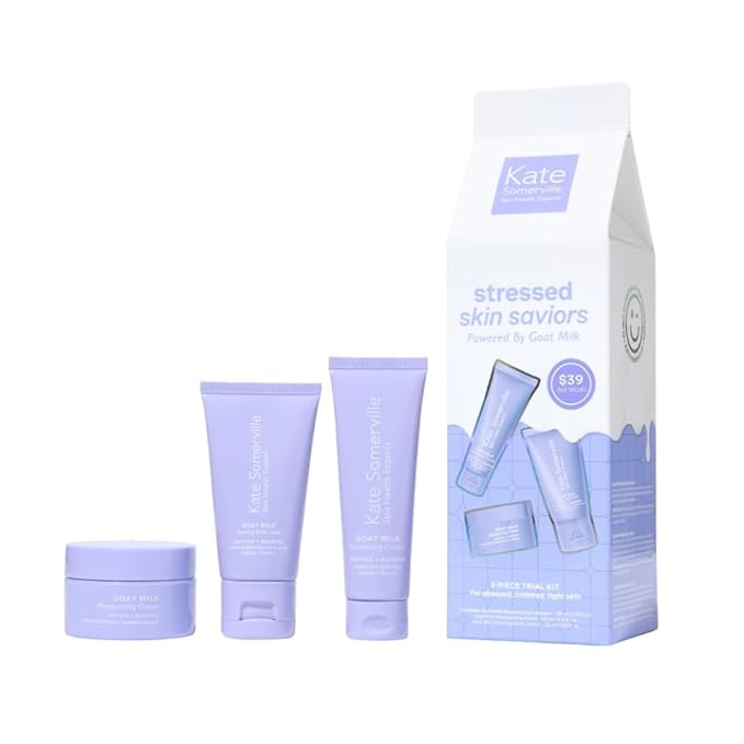 Kate Somerville Stressed Skin Saviors Travel Kit Goat Milk Cleanser, Cream, and Body Lotion Holiday Gift Set