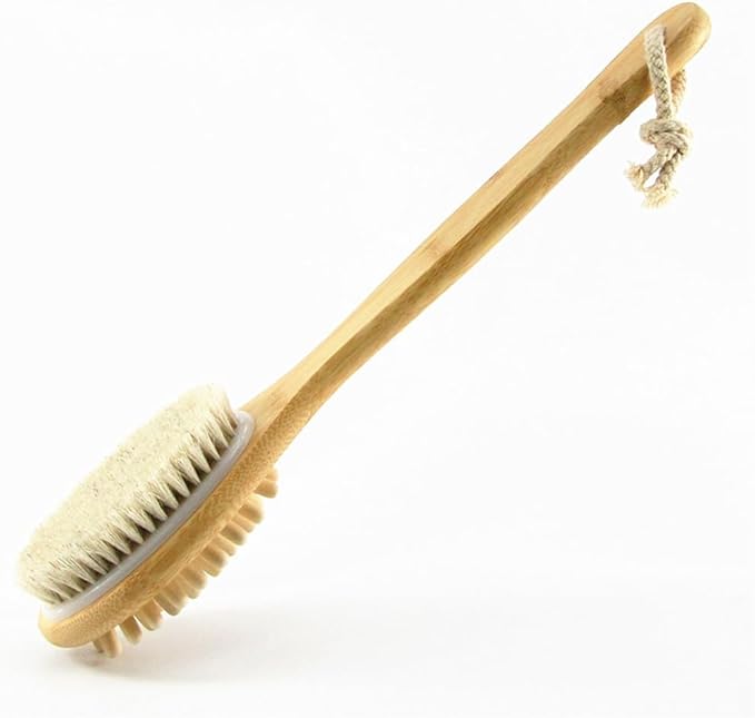 Bamboo Handle Dry Body Brush with Soft Natural Horsehair Bristles & Solid Wood Massage Nodes, Dual-Sided Long Handle Bath Shower Brush Back Scrubber. (15.7" Brown)