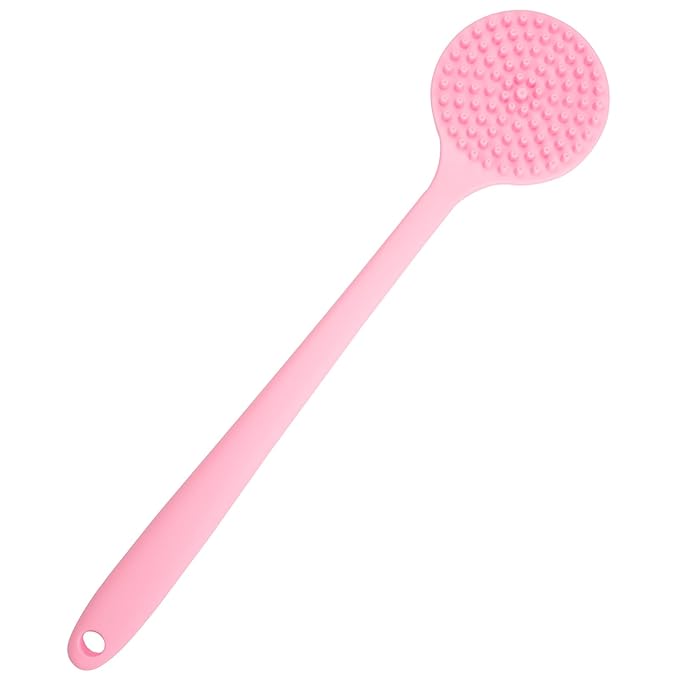 DNC Silicone Back Scrubber for Shower, Soft Bath Body Brush with Long Handle (Pink)