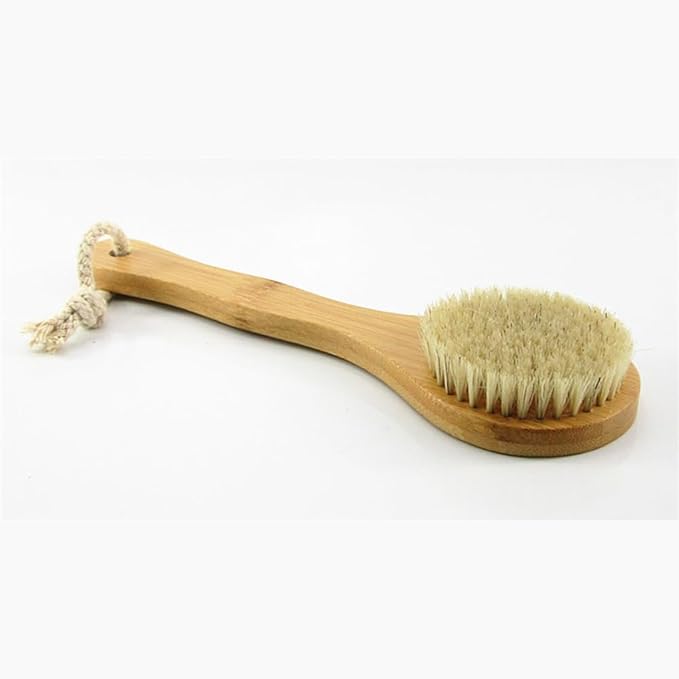 9.84" Short Handle Dry Body Brush Back Scrubber, Bamboo Handle and Natural Boar Bristles Bath & Shower Brush, Good for Blood Circulation, Exfoliating, Cellulite and Detox, etc.