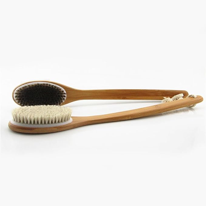 18” Extra Long Handle Dry Bath Body Brush Back Scrubber, Bent Bamboo Handle Bath & Shower Brush with Soft Dense Horsehair Mane Natural Bristles. (Brown)