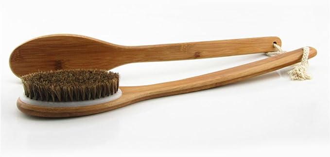 18” Extra Long Handle Dry Bath Body Brush Back Scrubber, Bent Bamboo Handle Bath & Shower Brush with Soft Dense Horsehair Mane Natural Bristles. (Brown)