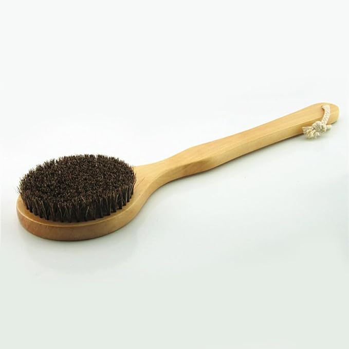 16” Extra Long Handle Dry Bath Body Brush Back Scrubber, Wood Handle Bath & Shower Brush with Soft Dense Horsehair Mane Natural Bristles. (White)