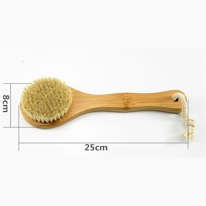 9.84" Short Handle Dry Body Brush Back Scrubber, Bamboo Handle and Natural Boar Bristles Bath & Shower Brush, Good for Blood Circulation, Exfoliating, Cellulite and Detox, etc.