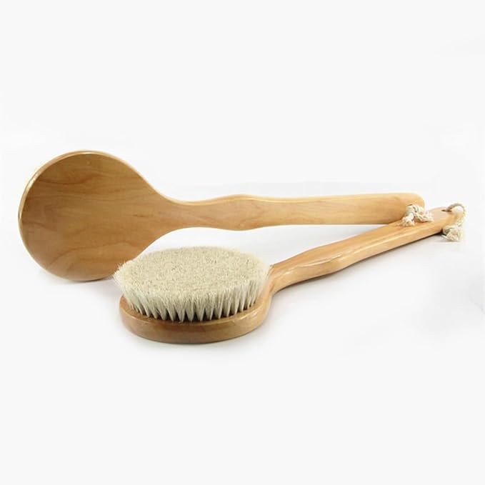 16” Extra Long Handle Dry Bath Body Brush Back Scrubber, Wood Handle Bath & Shower Brush with Soft Dense Horsehair Mane Natural Bristles. (Brown)