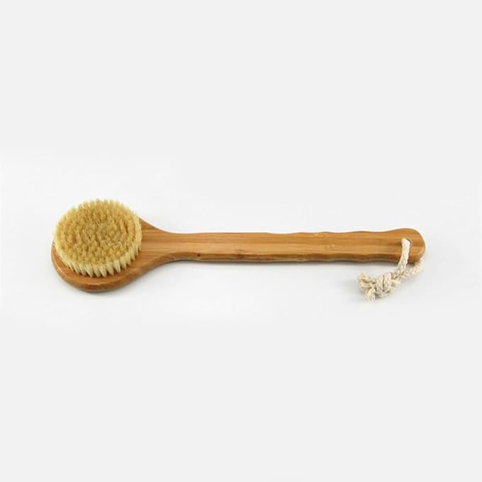 12.6" Long Handle Dry Bath Body Brush Back Scrubber, Bamboo Handle Bath Shower Brush Scrubber with Natural Boar Bristles, Good for Detox, Exfoliating, Cellulite, Blood Circulation, etc.