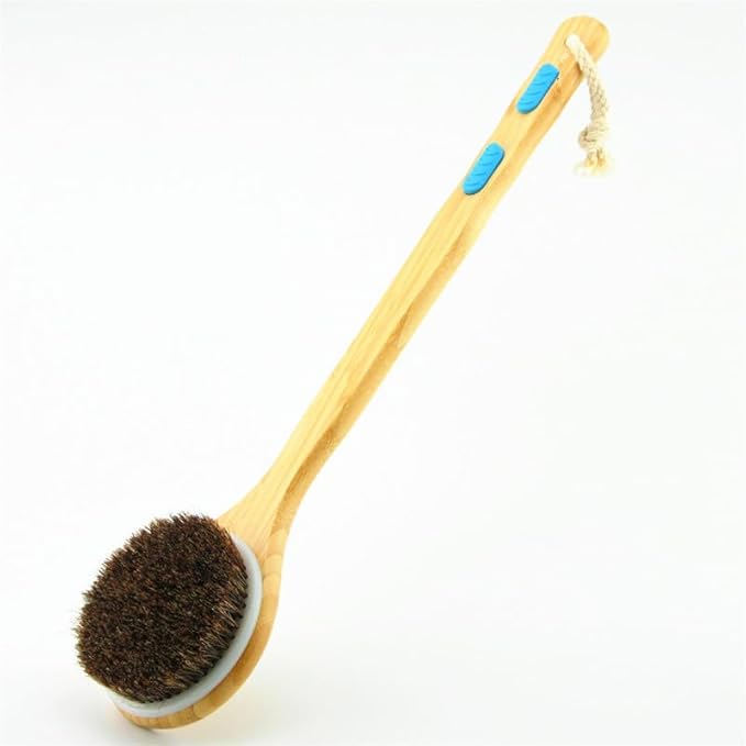 17” Extra Long Handle Dry Bath Body Brush Back Scrubber, Anti-Slip Bamboo Handle Bath & Shower Brush with Soft Dense Horsehair Mane Natural Bristles. (White)