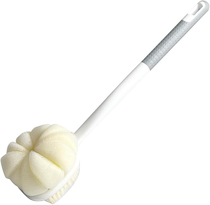 Shower Body Brush Soft Bristles and Loofah Long Handle Back Scrubber Bath Mesh Sponge Skin Exfoliating Men and Women (Grey)