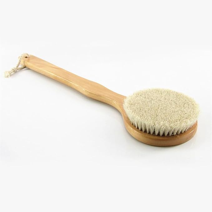 16” Extra Long Handle Dry Bath Body Brush Back Scrubber, Wood Handle Bath & Shower Brush with Soft Dense Horsehair Mane Natural Bristles. (White)
