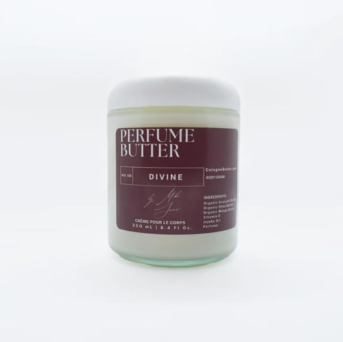 8.4 Fl. oz Perfume Butter – DIVINE | Organic Perfume for Men & Women | Elegant Blend of Bergamot, Mandarin Orange, Amalfi Lemon, Jasmine, Gardenia, Lotus, Amber, Vanilla & White Musk | Clear Glass Jar