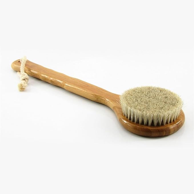 12.6” Long Handle Dry Bath Body Brush Back Scrubber, Bamboo Handle Shower Brush with Soft Horsehair Mane Natural Bristles, Great for Detox, Exfoliating, Cellulite, Blood Circulation, etc.