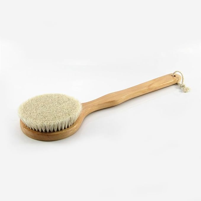 16” Extra Long Handle Dry Bath Body Brush Back Scrubber, Wood Handle Bath & Shower Brush with Soft Dense Horsehair Mane Natural Bristles. (White)