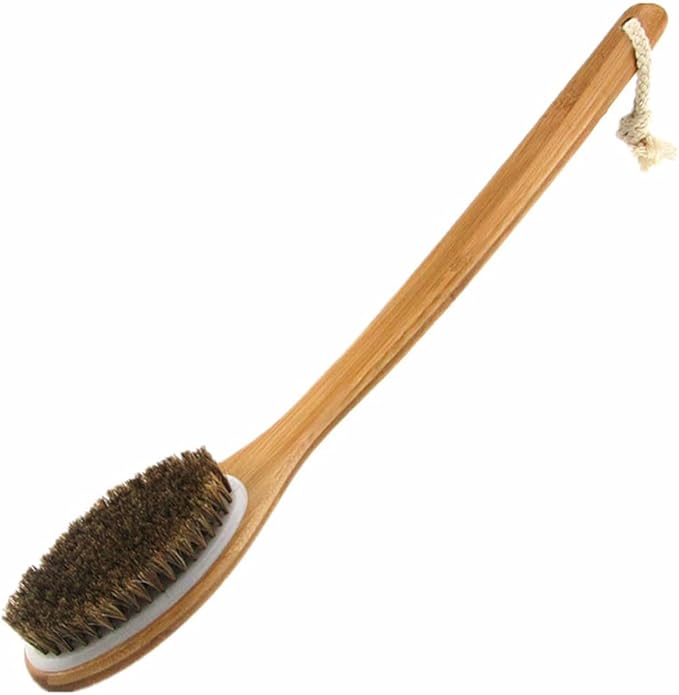 18” Extra Long Handle Dry Bath Body Brush Back Scrubber, Bent Bamboo Handle Bath & Shower Brush with Soft Dense Horsehair Mane Natural Bristles. (Brown)