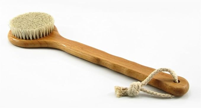 12.6” Long Handle Dry Bath Body Brush Back Scrubber, Bamboo Handle Shower Brush with Soft Horsehair Mane Natural Bristles, Great for Detox, Exfoliating, Cellulite, Blood Circulation, etc.