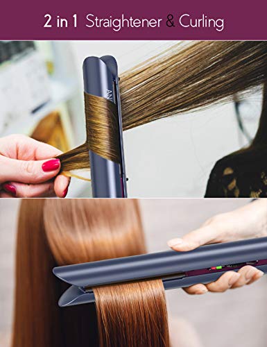 ANGENIL Professional Titanium Flat Iron 1 inch, Hair Straightener and Curler 2 in 1 with Adjustable Temp for All Hair Types, Anti-Static, Dual Voltage Travel Size with Silicone Resistant Mat Pouch