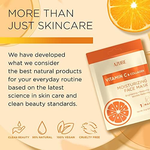 Azure Cosmetics Vitamin C & Collagen Moisturizing Facial Sheet Mask- Anti Aging, Deeply Moisturizing & Firming - Improves Elasticity - Skin Care Made in Korea - Pack of 5