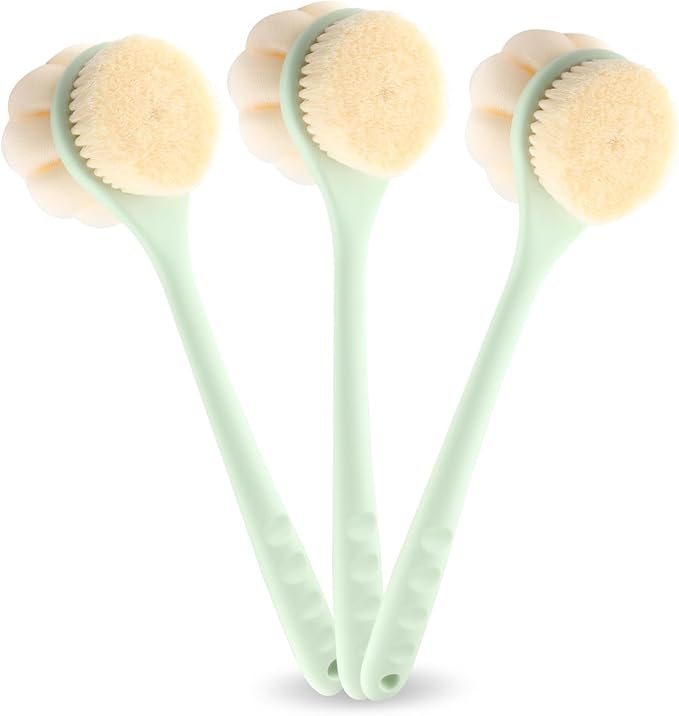 3-Pack Green 15.4" Long Handle Dual Sided Bath Brushes with Soft Bristles and Beautiful Pumpkin Loofah for Gentle Deep Cleansing