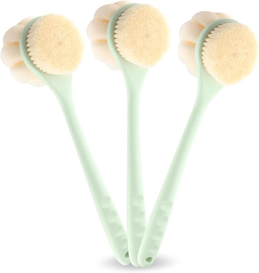 3-Pack Green 15.4" Long Handle Dual Sided Bath Brushes with Soft Bristles and Beautiful Pumpkin Loofah for Gentle Deep Cleansing
