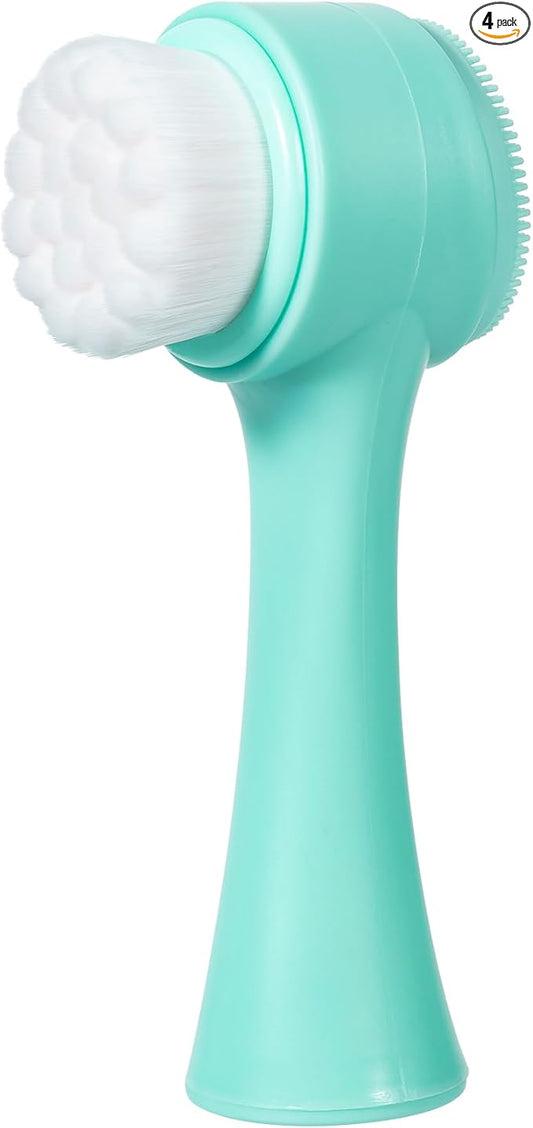 Face Brush 2 in 1, Facial Cleansing Exfoliating Scrubber Brush, Silicone Double Side Manual Face Wash Scrub Brush with Soft Fiber for Deep Pore Cleansing, Massaging, Skin Care,Green