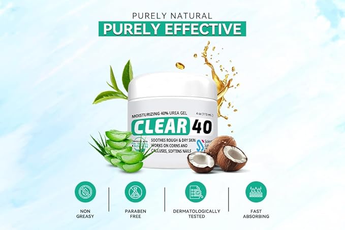 CLEAR 40, 40% Urea Gel, 4 oz w/Tea Tree & Coconut Oil, Aloe Vera Extract, Works on Calluses & Corns, Moisturizes & Softens Cracked Heels, Feet, Elbows, Hands, Nails, Superior Hydration to Urea Creams