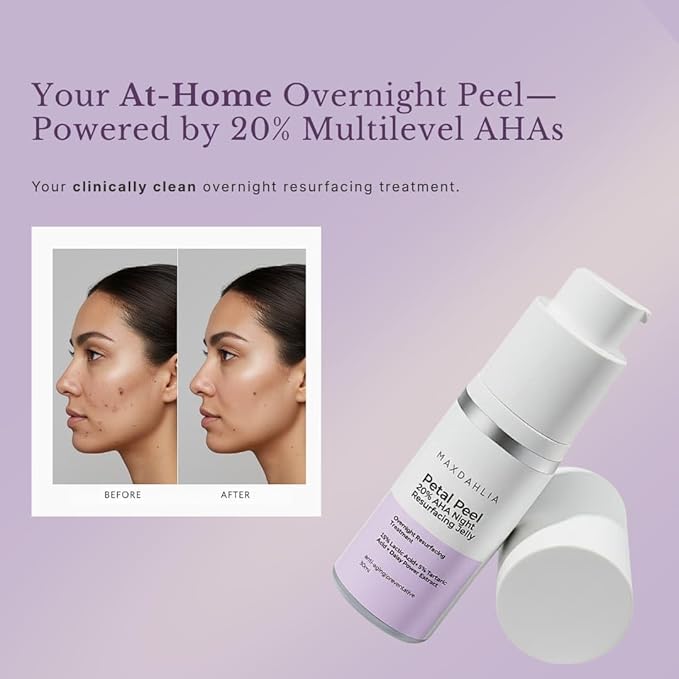 MAXDAHLIA Petal Peel - 20% AHA Serum | Mandelic & Lactic Acid | Resurfacing & Renewing Overnight Treatment for Dark Spots, Uneven Skin Tone & Acne Scar Remover