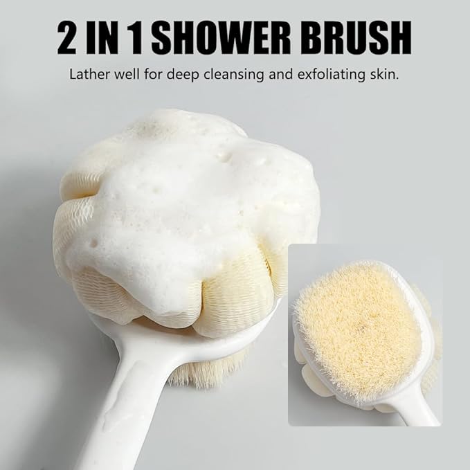 Shower Body Brush Soft Bristles and Loofah Long Handle Back Scrubber Bath Mesh Sponge Skin Exfoliating Men and Women (Blue)