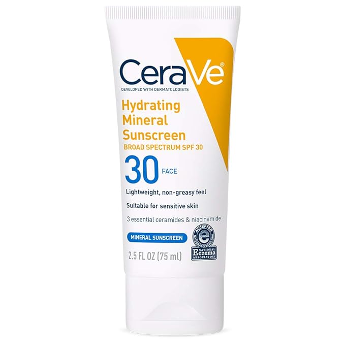 CeraVe 100% Mineral Sunscreen SPF 30, Face sunscreen With Zinc Oxide & Titanium Dioxide, Hyaluronic Acid + Niacinamide + Ceramides, Oil Free, Travel Size 2.5 oz