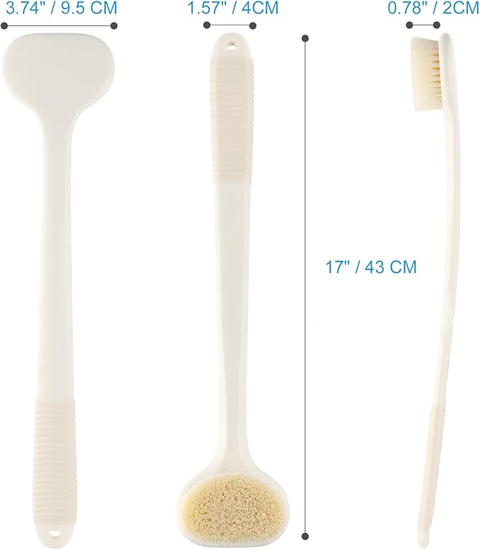 VANZAVANZU Back Scrubber for Shower, Bath Brush with 17-Inch Long Anti-Slip Handle, Wet and Dry Brushing Body Brush for Body Cleansing, Back Brush for Men and Women (Cream White)