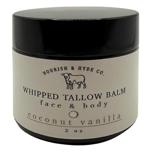 Nourish & Hyde Co. 100% Grass-Fed Tallow Whipped Balm & Lotion – 2 oz | Moisturizer for Face & Body | Beef Tallow for Skin | No Seed Oils, Handcrafted in USA (Coconut Vanilla)