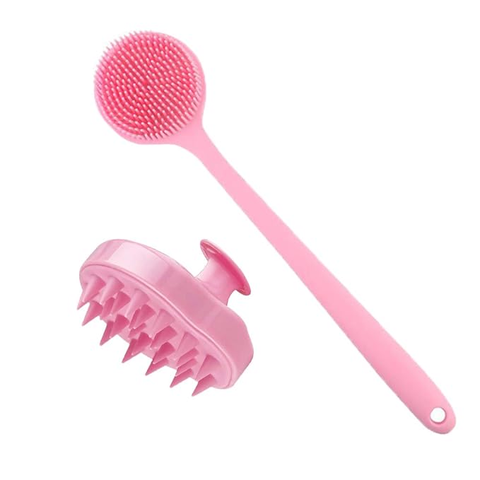 Silicone Body Scrubber & Scalp Massager, Long Handle Shower Brush, Exfoliating Scrubber for Men, Women & Kids
