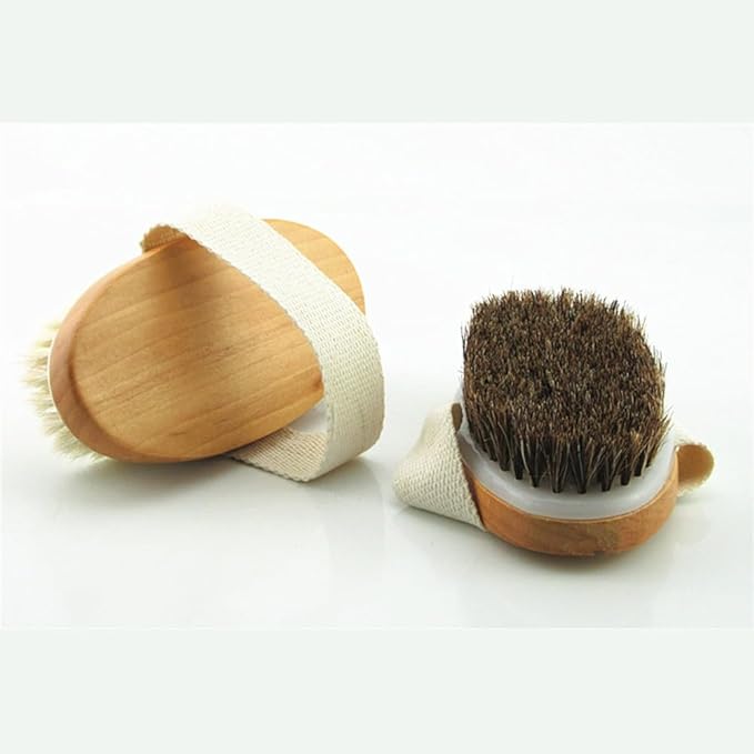 Wooden Soft Horsehair Mane Natural Bristles Bath & Shower Brush, 5x2.8 Inch Oval Shape Dry Body Brush Scrubber for Exfoliating, Detox and Cellulite, etc. (Brown Horsehair)