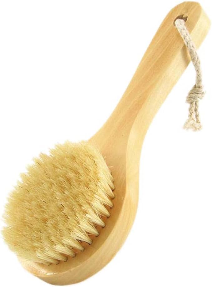 Short Handle Body Brush, Natural Bristles Wooden Bath Brush Shoulder Back Exfoliating Dry Brushing Skin Care