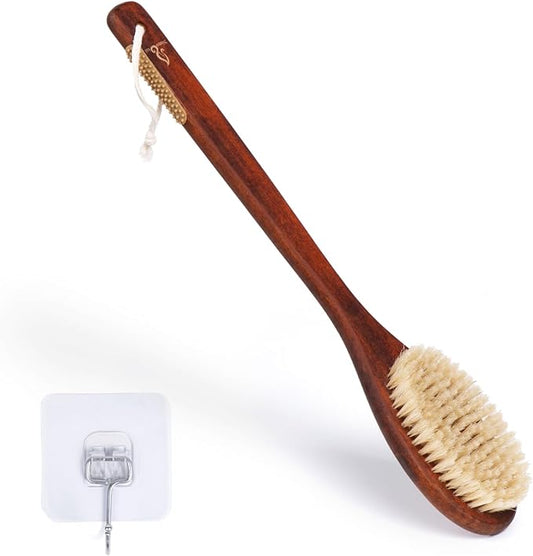 Wooden Bath Brush with Gentle Bristles Long Handle for Shower Back Scrubber Body Exfoliator (Gental Boar Bristle)