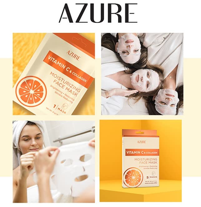 AZURE Vitamin C & Collagen Moisturizing Facial Sheet Mask- Anti Aging, Deeply Moisturizing & Firming - Improves Elasticity - Skin Care Made in Korea - 10 Pack