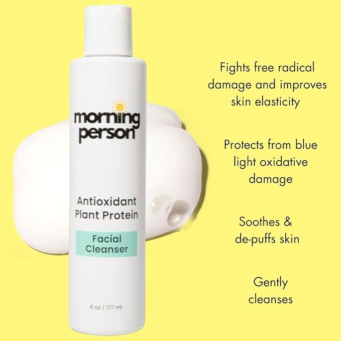 Morning Person Antioxidant Plant Protein Facial Cleanser - Calming And Soothing With Green Tea And Aloe Vera - Hydrating And De-Puffing - Sulfate and Paraben Free