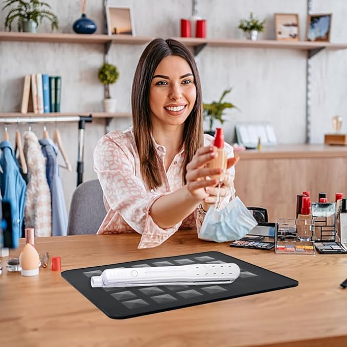 Professional Silicone Heat Resistant Mat, Heat Mat for Curling Iron, Flat Iron, Hair Styling Tools Appliances Dryer Salon Tools Hair Stylist, with Hook Loop Strips (Block Black)