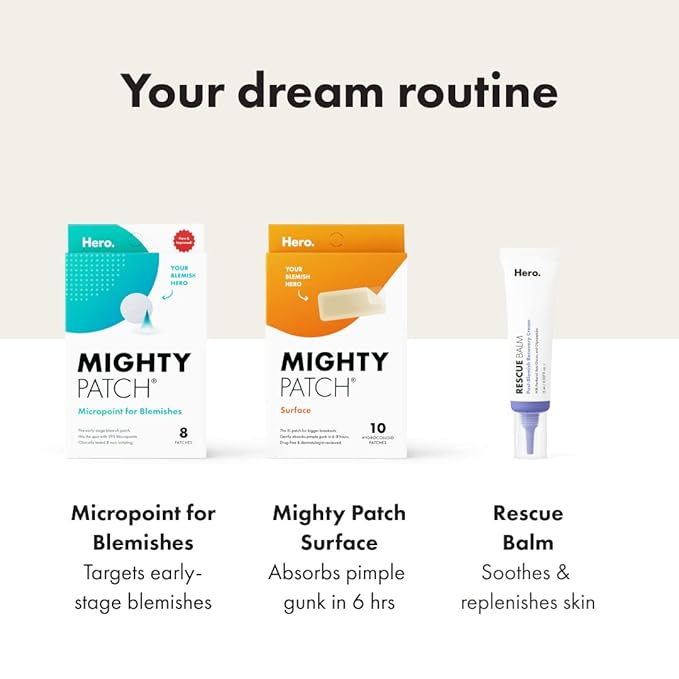 Mighty Patch Surface Large Pimple Patches for Face from Hero Cosmetics, Acne Spot for Body, Cheek, Forehead, and Chin, Pimple Stickers, Hydrocolloid Covers, Vegan-friendly, 10 Count